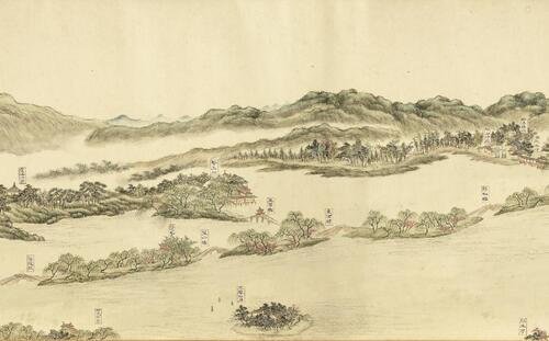 西湖十景图卷.清董邦达绘.18636x1910像素.注释.台北故宫博物院藏