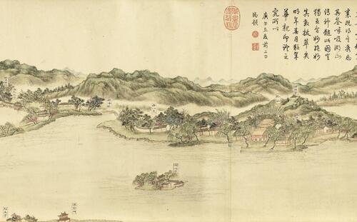 西湖十景图卷.清董邦达绘.18636x1910像素.注释.台北故宫博物院藏